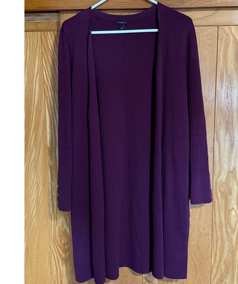 Talbots Long Ribbed Open-Front Cardigan Burgundy Duster, M